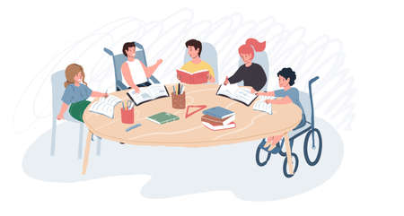 Vector cartoon flat characters,happy smiling kid with disabilities,physical disorder and his child friends study at same table-equal human rights,healthy society,social justice concept designのイラスト素材