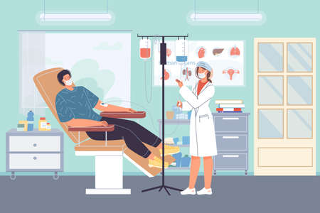 Vector flat cartoon patient,doctor characters. Physician character treats man using dropper, both in face masks.のイラスト素材