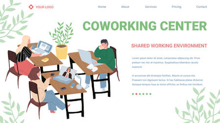Vector cartoon flat characters performs work tasks.Successful employees business freelancers at working process-coworking center,professional workflow process,web site landing page conceptのイラスト素材