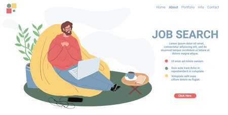 Vector cartoon flat happy character works online at home apartment interior.Young man searching for job on laptop-landing page design,online freelance work conceptのイラスト素材