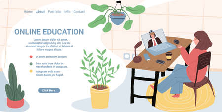 Vector cartoon flat woman character taking online educational class.Cute girl listens to teacher by video conference communication,studies web course at home.Landing page web site concept templateのイラスト素材