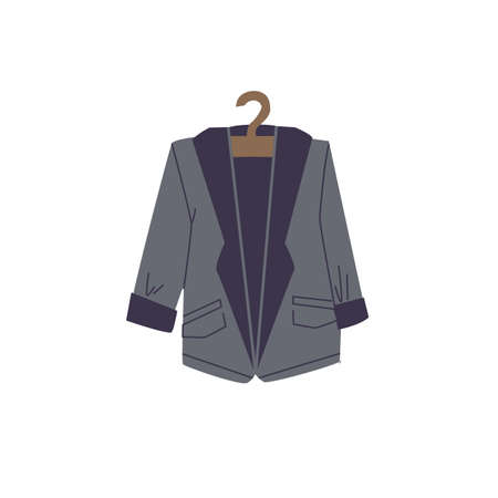 Vector cartoon flat fashionable blazer on clothes hanger.New trendy beautiful apparel isolated on empty background-clothing store,shopping and fashion concept,web site banner ad designのイラスト素材