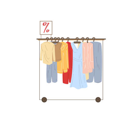 Vector cartoon flat clothes rack with different fashionable outfit.Dresses and blazers at discount prices isolated on empty background-clothing store concept,web site banner ad designのイラスト素材