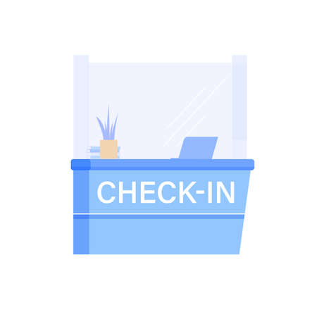 Vector cartoon flat airport check in counter isolated on empty background-tourism and vacation,plane travel concept,web site banner ad designのイラスト素材