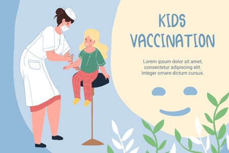 Vector cartoon flat doctor in face mask vaccinates kid patient character-coronavirus covid infection disease prevention,diagnostics,treatment and therapy medical concept,web site banner ad designのイラスト素材