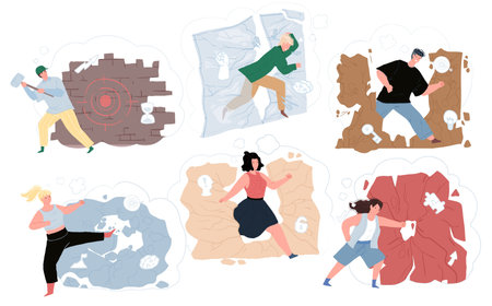 Set of vector flat cartoon characters destroying walls,breaking obstacles on way to success...