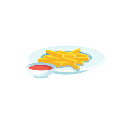 Vector cartoon flat french fries on plate with cup of sauce isolated on empty background-fast food diet and healthy eating concept,web site banner ad designのイラスト素材