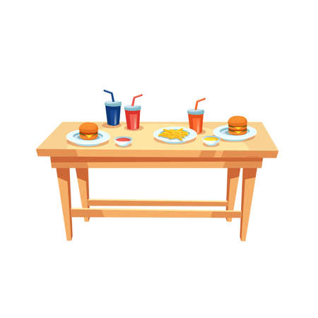 Vector cartoon flat table with plastic cups,various sauces,french fries and burgers on plates isolated on empty background-fast food diet and healthy eating concept,web site banner ad designのイラスト素材