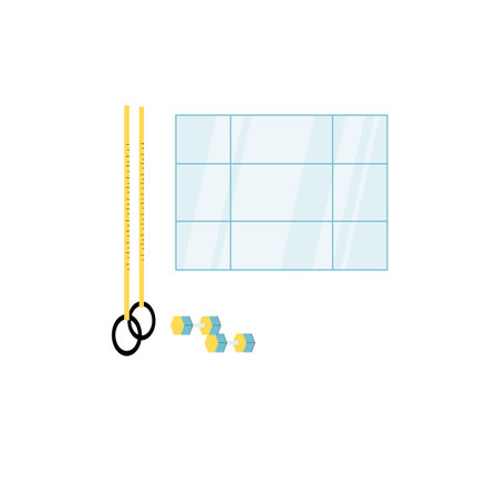 Vector flat cartoon gymnastics rings and dumbbells near window isolated on empty background-fitness club equipment,healthy lifestyle,indoor sports activities concept,web site banner ad designのイラスト素材