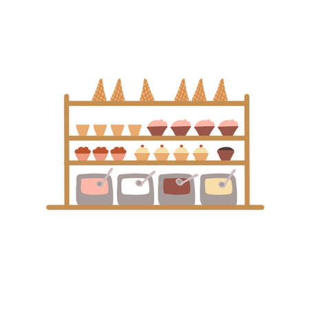 Vector flat cartoon shop window shelves with confections,sweets and ice creams isolated on empty background-confectionery cafe interior elements,catering industry concept,web site banner ad designのイラスト素材