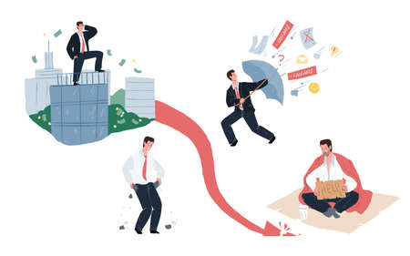 Vector cartoon flat character in scenes showing stages of financial fall-overconfidence of success,mistakes in planning,unforeseen cash expenses,bad money management concept,web site banner designのイラスト素材