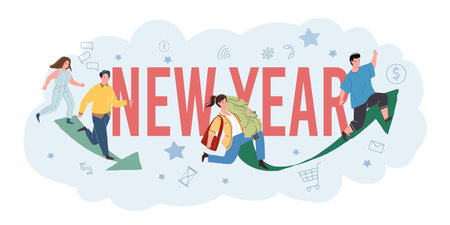 Different people character preparing to meet Christmas eve and 2022 new year. Flat vector poster design with rushing man woman and social media, sale iconのイラスト素材
