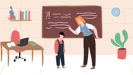 Vector cartoon flat teacher character swears,yells at student,upset boy depressed.Healthy in-school relationships,emotions,social behavior and psychology concept,web site banner ad designのイラスト素材