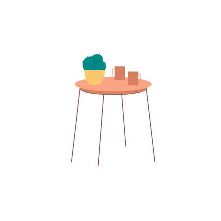 Vector flat cartoon round table with two cups and home plant isolated on empty background-house furniture,room interior elements concept,web site banner ad designのイラスト素材