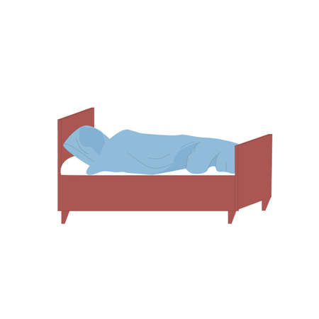 Vector flat cartoon single bed with pillow and blanket isolated on empty background-modern furniture,bedroom interior elements,comfort home life concept,web site banner ad designのイラスト素材