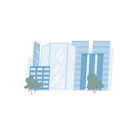 Vector flat cartoon modern cityscape buildings isolated on empty background-city exterior elements concept,web site banner ad designのイラスト素材