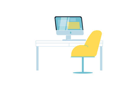 Vector flat cartoon chair and work desk with computer monitor isolated on empty background-electronic equipment,office interior elements,workplace organization concept,web site banner ad designのイラスト素材
