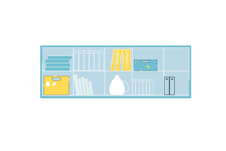 Vector flat cartoon shelf with folders,jug and boxes isolated on empty background-furniture and interior elements concept,web site banner ad designのイラスト素材