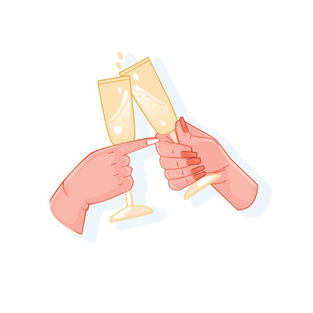 Clinking glasses with champagne or wine isolated sticker. Merry Christmas, Happy New Year, wedding or anniversary celebration vector illustrationのイラスト素材