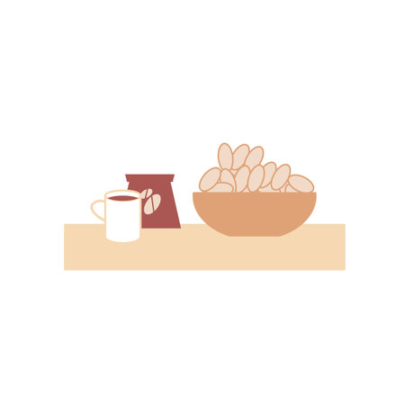 Vector cartoon flat cup and package of coffee beans with plate of cookies isolated on empty background-balanced diet,healthy eating and food cooking concept,web site banner ad designのイラスト素材