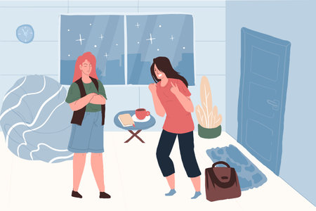 Vector cartoon flat pair of characters quarreling,arguing in leaving home scene.Healthy personal relationships,emotions,social behavior and family psychology concept,web site banner ad designのイラスト素材