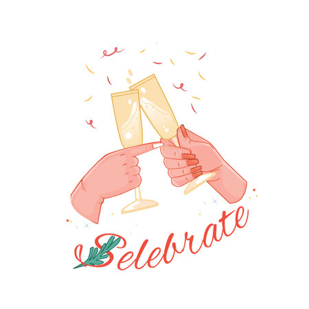 Female hand clinking champagne glasses celebrating new year or Christmas winter holiday party. Sticker or greeting card design element isolated on white backgroundのイラスト素材