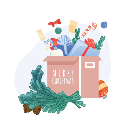 Merry Christmas gift present in box design element for holiday greeting card. Package full of new year decoration, surprise wrapping pack and candy cane vector illustrationのイラスト素材