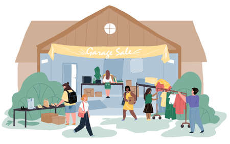 Vector flat cartoon characters at garage market,visitors watching,choosing and buying goods and clothes-fashion,shopping and sales,social concept,web site banner ad designのイラスト素材