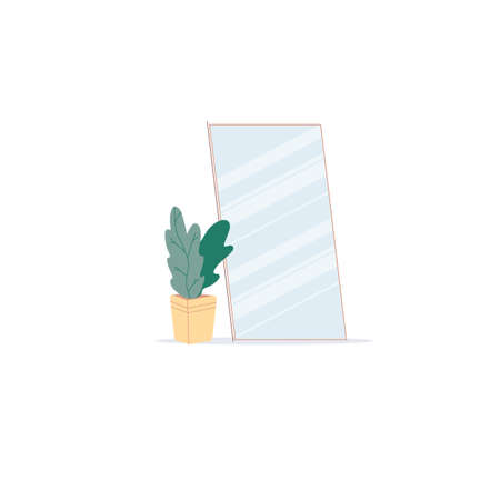 Vector flat cartoon floor mirror with home plant isolated on empty background-modern furniture,living room interior elements,comfort,home life concept,web site banner ad designのイラスト素材