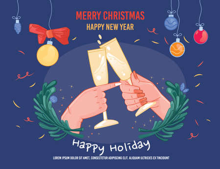 Merry Christmas Happy New Year greeting poster template with cheering clinking wineglass filled sparkling wine in female hand vector illustrationのイラスト素材