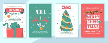 Christmas market, noel invitation, xmas greeting flyer or card template set vector illustrationのイラスト素材