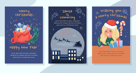 Merry Christmas Happy New Year greeting card holidays flyer with best wishes set vector illustration