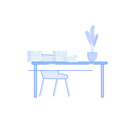 Vector flat cartoon chair,work desk with papers and home plant isolated on empty background-office furniture and interior elements,workplace organization concept,web site banner ad designのイラスト素材