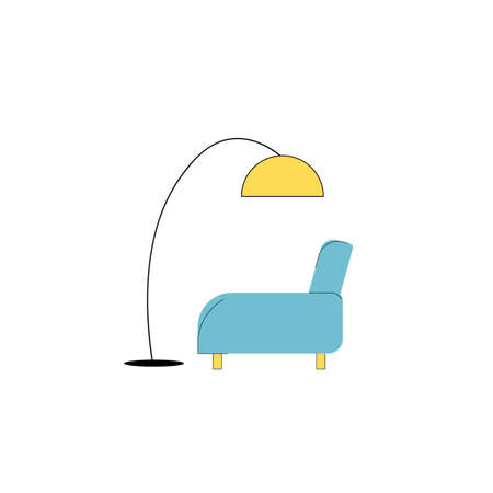 Vector flat cartoon chair and floor lamp isolated on empty background-modern furniture,living room interior elements,comfort home life concept,web site banner ad designのイラスト素材