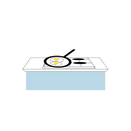 Vector flat cartoon frying pan with fried eggs on stove isolated on empty background-modern home furniture,kitchen appliances interior elements concept,web site banner ad designのイラスト素材