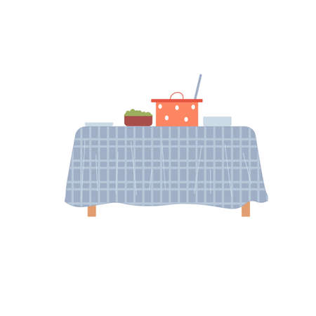 Vector flat cartoon pan and plates with food on dinner table isolated on empty background-modern home furniture,kitchen appliances interior elements concept,web site banner ad designのイラスト素材