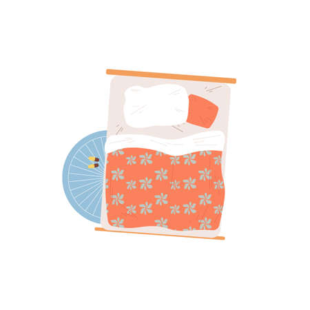Vector flat cartoon double bed with pillows and blanket isolated on empty background-modern furniture,bedroom interior elements,comfort home life concept,web site banner ad designのイラスト素材