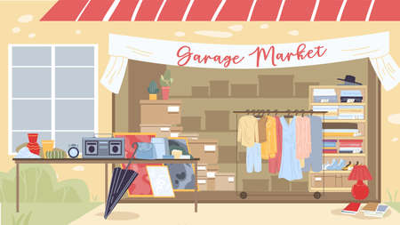Vector flat cartoon outdoor garage market with various things,goods,electronics and clothes on shelves-fashion,shopping and sales social concept,web site banner ad designのイラスト素材