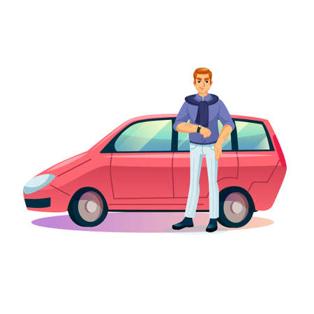 Vector cartoon flat hipster man character in stylish outfit,businessman with modern car shows his wristwatch-time management,workflow optimization concept,web site banner ad designのイラスト素材