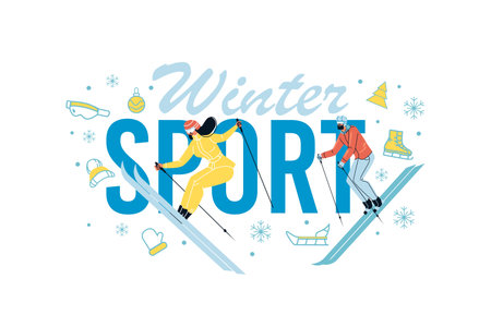 Winter sport poster advertising ski sport in mountain. Snow resort, cold weather and travel time on Christmas vacationのイラスト素材