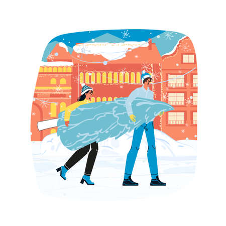 Couple carrying fir tree over cityscape. Merry christmas scene and preparation to new year celebrationのイラスト素材