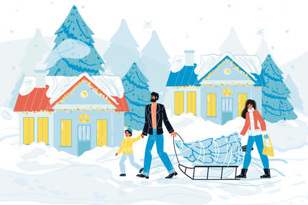 Happy family carrying fir tree for christmas on sled. Xmas and new year eve tradition vector sceneのイラスト素材