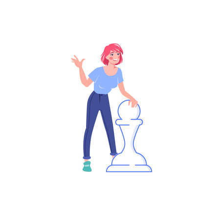 Vector flat cartoon woman character holds big chess figure,joyfully smiling-metaphor for problems solving,strategic planning,solution searching,smart decisions making concept,web site banner ad designのイラスト素材