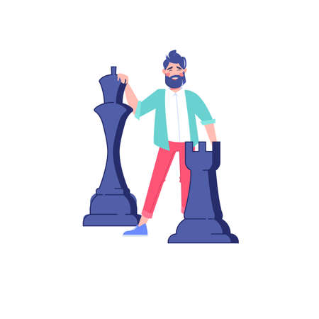 Vector flat cartoon man character holds big chess figures,joyfully smiling-metaphor for problems solving,strategic planning,solution searching,smart decisions making concept,web site banner ad designのイラスト素材