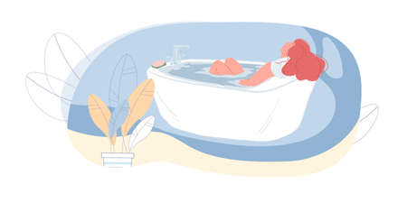 Vector cartoon woman character taking bath at home,resting and relaxing-healthy lifestyle,leisure time concept,web site banner designのイラスト素材