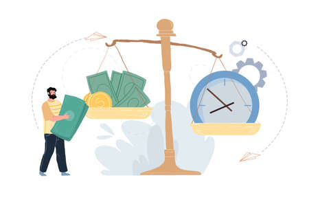 Vector flat cartoon character trying to buy some time,putting money on one side of scales-effective business planning,time management,financial social concept,web site ad banner designのイラスト素材