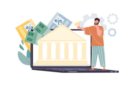 Vector flat cartoon happy character near bank building on monitor screen-online credits app,currency exchange,online banking and accounts transactions financial concept,web site banner ad designのイラスト素材