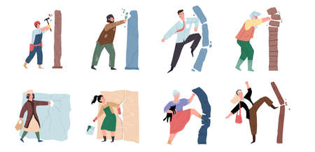 Set of vector flat cartoon characters destroying walls,breaking obstacles on way to success achieving-life problems solving,goal achievement,personal growth metaphor concept,web site banner ad designのイラスト素材