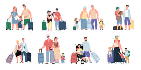Set of vector cartoon flat happy families travelers characters,parents and kids with wheeled suitcases and other luggage-family tourism,vacation and travel concept,web site banner ad designのイラスト素材