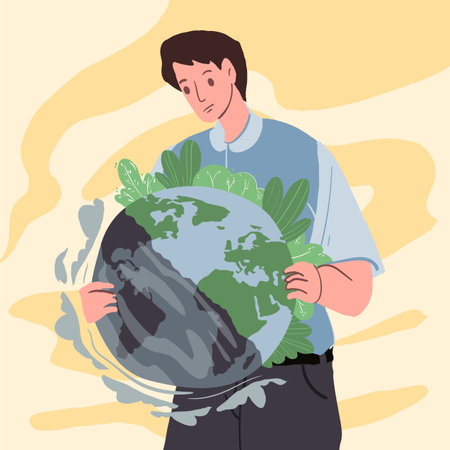 Vector flat cartoon man character hold polluted planet Earth-environmental pollution problem,chemical toxic substances and heavy metals use,environmental protection concept,web site ad banner designのイラスト素材